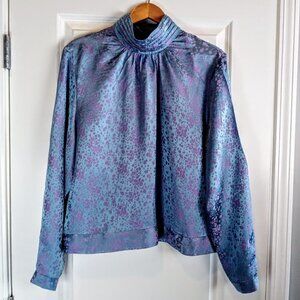 Vintage Barrie Pace Blue Lavender Silk Jacquard Long Sleeve Blouse
